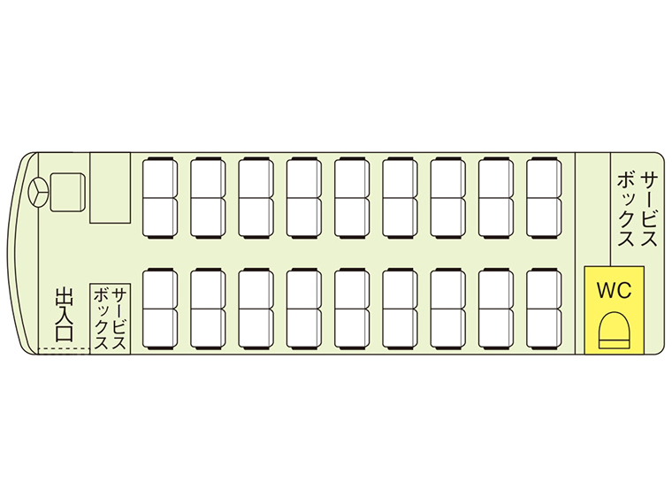 座席数は36席、補助席は無し、乗降口と最後部にサービスボックスあり